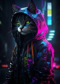 a cat wearing a hoodie in the rain with neon lights on it's face