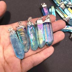 "Listing is for one blue Aura crystal quartz Point Pendant Pendant Size: approx. 30-55mm(L) x 8-15mm(W) QTY: 1 piece STOCK PHOTOS-- Pendants will vary slightly as to the shape and size of crystal Quartz, making each ring unique. Quartz is a power stone. It has been called the \"Universal Crystal\" because of its many uses. It enhances energy by absorbing, storing, amplifying, balancing, focusing and transmitting." Blue Crystal Necklaces As A Gift, Blue Crystal Necklaces For Gifts, Blue Crystal Necklace As Gift, Blue Crystal Necklace Gift, Blue Mineral Crystal Necklace For Gift, Blue Mineral Crystal For Healing, Blue Crystal Pendant Necklaces, Blue Aura, Power Stone