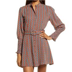 Bishop + Young Odessa Long Sleeve Belted Dress. Size Medium Brand New With Tags Colors: Navy Blue, Rust Red / Burnt Orange, Gold / Yellow, And White Bold, Geometric Pattern Is Tiled On This Chic And Sophisticated Dress Long Sleeves With Smocked Cuffs A Tonal Belt That Accentuates The Waist Belt Loops Lined At The Skirt Gold Tone Buttons Down The Front Of The Dress Small Ruffle Accent At The Top Of The High Collar 100% Polyester Geo Print, Smocked Cuffs, Belted Dress, Fall, Spring, Button Up Dres Orange Long Sleeve Midi Dress, Fitted Orange Mini Dress For Work, Multicolor Mini Dress For Work, Orange A-line Dress For Work, Orange Mini Dress For Work, Multicolor Fall Dress For Workwear, Multicolor Printed Dress For Workwear, Multicolor Printed Dresses For Work, Multicolor Printed Dress For Work