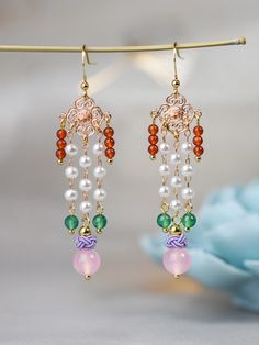 Style: Chinese Traditional Type: Earrings Material: Agate Weight: 60 gram #beading #Chinesetadition #fashion Multicolor Dangle Pearl Earrings For Pierced Ears, Multicolor Dangle Pearl Earrings, Elegant Beaded Jade Earrings, Jade Beaded Drop Earrings, Earrings To Make, Beading Earrings, Pearl Pendant Earrings, Forest Girl, Earrings Pearl