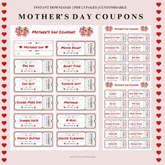 mother's day coupons with hearts and flowers on it, including the date