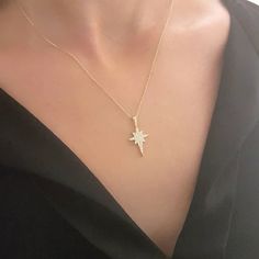 - North Star pendant necklace is made with high quality 14K real solid gold including the chain. - North Star necklace has decorated with white zirconia stones. - This charm, dainty , delicate and trendy north star necklace has been artfully designed for timeless fashion. - You receive north star jewelry in a beautiful and free gift box. - Free shipping (Arrive within 4 business days to USA and Canada ( 1 day for production+3 days for shipment)) - This 14K solid gold north star necklace is a per Elegant Starburst Jewelry As Gift, White Star Charm Jewelry For Anniversary, Elegant Starburst Jewelry Gift, 14k Gold Star Necklace As Gift, Starburst Fine Jewelry Necklace As Gift, Star-shaped Fine Jewelry Necklace For Anniversary, 14k Gold Star-shaped Necklace For Anniversary, White Star-shaped 14k Gold Jewelry, Fine Jewelry Star-shaped Necklace For Anniversary