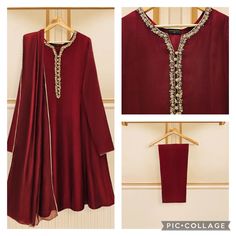 Original aghanoor  Brand new with tags Neckline hand embroidered frock style paneled shirt with raw silk pant and plain cotton net dupatta four sides gota lace work. shirt length 43.5" color: maroon pant length 36" A Anarkali Unstitched Suit With Mirror Work In Slub Silk, Unstitched Cotton Silk Anarkali Set With Mirror Work, Long Sleeve Raw Silk Anarkali Set With Sheer Dupatta, Long Sleeve Cotton Silk Anarkali Set With Mirror Work, Long Sleeve Slub Silk Anarkali Set With Mirror Work, Anarkali Unstitched Suit In Slub Silk With Sheer Dupatta, Elegant Cotton Sharara With Mirror Work, Festive Long Sleeve Cambric Anarkali Set, Party Embroidered Slub Silk Anarkali Set