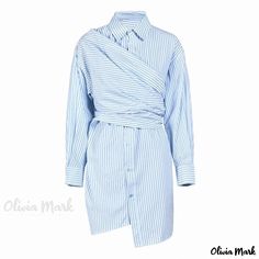 Olivia Mark - Contemporary Striped Mini Shirt Dress with Asymmetrical Button-Down Collar and Wrap Effect Asymmetrical Cotton Work Dress, Asymmetrical Cotton Dress For Work, Spring Casual Asymmetrical Shirt Dress, Casual Asymmetrical Shirt Dress For Spring, Casual Shirt Dress With Asymmetrical Hem For Work, Spring Shirt Dress With Asymmetrical Hem For Day Out, Asymmetrical Hem Shirt Dress For Day Out, Spring Office Shirt Dress With Asymmetrical Hem, Chic Shirt Dress With Asymmetrical Hem For Day Out