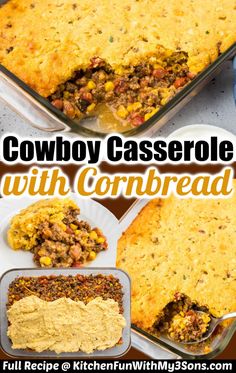 a casserole dish with cornbread and ground beef is shown in this recipe