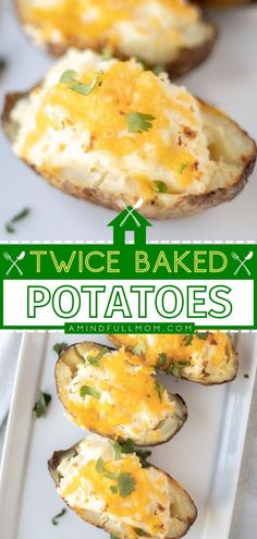 twice baked potatoes on a plate with the title overlay above it and below photo