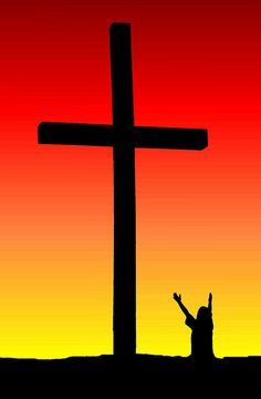 a person standing in front of a cross with their hands up and the sun setting behind them