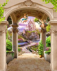 an archway leading to a castle with two cherubs on it and a river running through the middle