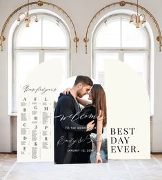 an image of a couple kissing in front of two windows with the words best day ever printed on it