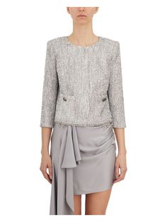 Silver ELISABETTA FRANCHI LUREX TWEED JACKET Elegant Silk Blazer For Fall, Elegant Tailored Tweed Jacket For Party, Winter Silk Blazer For Party, Winter Party Silk Blazer, Chic Tailored Tweed Jacket For Parties, Tailored Silk Outerwear For Party, Elegant Long Sleeve Tweed Jacket For Party, Elegant Evening Tweed Jacket For Fall, Elegant Spring Evening Tweed Jacket