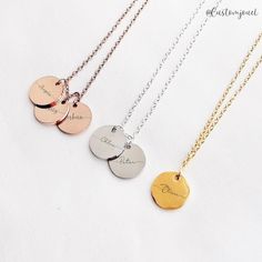 【Font Preview: https://winkieki.wixsite.com/font】 ~ Engraved Disc Necklace ~  Create a one-of-a-kind keepsake with our custom necklace. Attach up to 4 disc charms to a minimalist cable chain, each engraved with initials, text, or numbers of your choice.  The necklace exudes a feminine, elegant, and simple look, with a touch of stacked charm from the overlapping discs.  The laser-engraved text features a beautiful script or calligraphy style with elegant swashes, in a clear greyish colour that strikes the perfect balance between visibility and subtlety.  This special gift is perfect for yourself or your loved ones. SPECIFICATIONS * Material: Solid Stainless Steel. Discs are polished to mirror shiny level. * Colour: Gold / Silver / Rose Gold * Dimensions: Chain Length of approx. 43cm, with a Customized Rose Gold Jewelry, Customized Silver Medallion Jewelry, Customized Rose Gold Necklaces, Customized Rose Gold Necklace, Customized Round Rose Gold Necklace, Customized Rose Gold Round Pendant Necklace, Custom Name Round Pendant Necklace In Stainless Steel, Stainless Steel Name Necklace With Round Pendant, Custom Name Stainless Steel Round Pendant Necklace