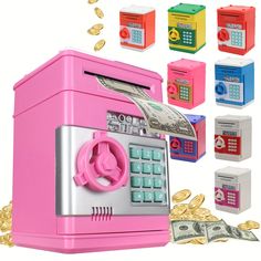 a pink atm machine with cash coming out of it's side and several stacks of money in the background