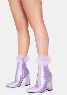 Sugar Thrillz Marabou Heel Booties - Lavender Purple | Dolls Kill Party Boots With Faux Fur Lining, Fall Party Boots With Faux Fur, Faux Fur Boots For Party And Fall Season, Party Boots With Faux Fur Trim And Round Toe, 60’s Fashion, Matching Skirt Set, Lucite Heels, Dr Shoes, Sugar Thrillz