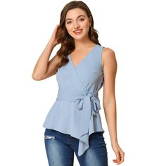 Apparel material: 100% Polyester. This sleeveless top features a v-neckline, asymmetric hem, and a wide belt to tighten the waist, showing a good figure. The fabric is light, soft, and breathable, keeping you comfortable and cool in summer. Sleeveless Chiffon Blouses are more Elegant and Smart. Pair this asymmetric hem top with your skinny jeans for a charming look. Chiffon Wrap Top, Sleeveless Chiffon Blouse, Sleeveless Chiffon Dress, Asymmetrical Hem Top, Light Blue Top, Tie Waist Top, Belted Shirt Dress, Womens Tops Summer, Ribbed Tank Tops