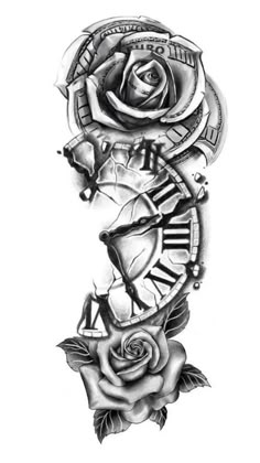 a rose and clock tattoo design on the arm