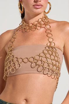 GIMME A RING BODY CHAIN Gold Metal Body Chain For Summer, Chic Gold Metal Body Chain, Glamorous Gold Body Chain For Summer, Glamorous Gold Body Chain With Chain Strap, Gold Metal Choker Body Jewelry, Ring Chain, Modern Dress, Halter Neckline, Chain Ring