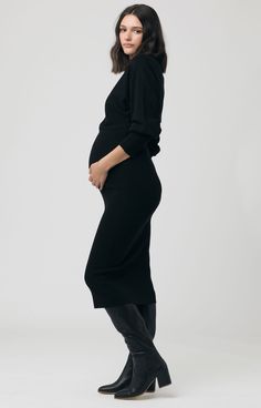 One piece dressing for the stylish Mama. The Sloane Knit Maternity Dress features a round neckline, fashionable batwing sleeves and a ribbed skirt designed to grow with your tummy throughout all stages of pregnancy. Wear with boots through the cooler months or with trainers for a more casual look, either way you will feel and look amazing in this dress. Black maternity dress with batwing sleevesFitted skirt Fully fashion knit Round neckline Ribbed skirt designed to grow with your tummyModel is 1 Paris Maternity Style, Maternity Outfit Skirt, Black Dress Pregnancy Outfit, Office Maternity Outfits, Trendy Pregnancy Outfits, Maternity Office Wear, Professional Office Outfit, Knit Maternity Dress, Piece Dressing