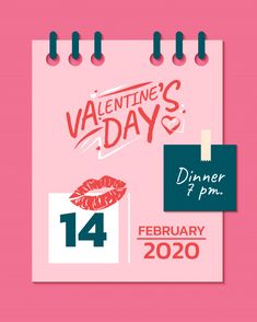 the valentine's day flyer is shown with lipstick and calendars on pink paper