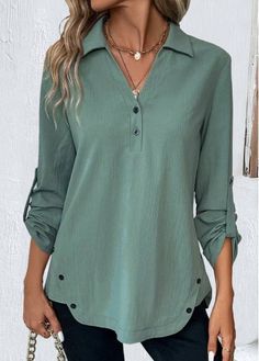 Color:Sage Green;Size:S;Size:M;Size:L;Size:XL;Size:XXL;Package Contents:1 X Blouse;Occasion:Other;Style:Casual; Green Long Sleeve Shirt, Trendy Tops For Women, Hem Blouse, Green Shirt, Collar Blouse, Casual Blouse, Fall Shirts, Trendy Tops, Shirt Collar