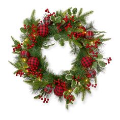 a christmas wreath with red and green decorations