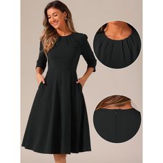 Women's elegant work dress, is a timeless and sophisticated choice for your professional wardrobe. The 3/4 sleeves and pleated round neck add a touch of elegance to this A-line swing midi dress. Designed with comfort in mind, it allows for ease of movement while maintaining a polished look. Perfect for important meetings or a day at the office, this dress effortlessly combines style and professionalism. Elevate your work attire with this versatile and chic piece that will make you feel confident Long Sleeve Dresses With Box Pleat For Work, Half Sleeve Midi Dress For Formal Occasions, Half Sleeve Pleated Dress For Work, Pleated 3/4 Sleeve Dresses For Workwear, Half Sleeve Pleated Workwear Dress, Pleated Dress With 3/4 Sleeve For Work, Half Sleeve Pleated Work Dress, Pleated Workwear Dress With 3/4 Sleeve, Classic Midi Dress With 3/4 Sleeves For Work