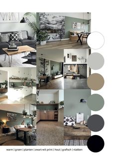 a collage of different living room and dining room furniture in shades of gray, black, white and beige