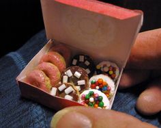 a person holding a box full of assorted donuts