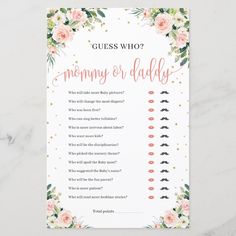 a guess card with pink flowers and greenery on the front, which reads guess who mommy or daddy?