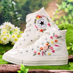 Embroidered Wedding Converse High Tops, Bridal Floral Embroidery Converse Custom, Wedding Flowers Embroidered Shoes, Personalized Bridal Sneaker, Wedding Gifts 💚 Immerse yourself in the intricate craftsmanship as we lovingly hand embroider rustic flowers onto your chosen Converse pair 💚 🌿 The listed price encompasses both the Converse Shoes and the showcased Embroidery Designs. 1. MANUFACTURING PROCEDURE 🌿 Upon receiving your order, we initiate the shoe preparation process. If your chosen sh Bride Sneakers, Embroidered Converse, Converse Custom, Wedding Converse, Wedding Sneakers, Custom Converse, Embroidered Shoes, Personalized Bride, Pictures Ideas