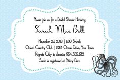 an octopus themed bridal shower party is featured in this blue and white printable