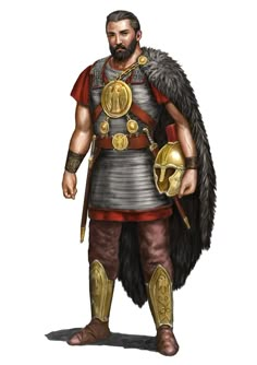 an illustration of a roman soldier with armor and fur on his shoulders, standing in front of