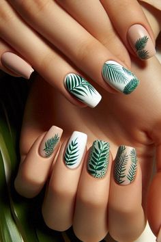 Design: Simple green leaf patterns on a white or nude background. How to Achieve: Paint a solid base color and use a fine brush or nail sticker to create the leaf design. Tropical Leaf Nails, Plant Nail Designs, Leaf Nails, Autumn Nail Designs, Magenta Nails, Summer Nails Designs, Nude Background, Palm Nails, Palm Tree Nails