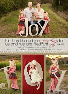 a family posing for a photo with the word joy on it's back and in front