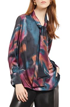 This tie-neck blouse made from  lightweight crêpe de chine is a perfect workday option. Ties at neck Long sleeves 100% polyester Hand wash, line dry Imported Blouse Nordstrom, Weave Style, Tie Neck Blouse, Classic Pumps, Tie Blouse, Knitwear Design, Tie Neck, Watercolor Print, Neck Tie