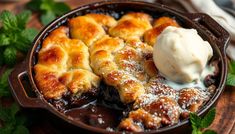 a skillet filled with dessert and ice cream sitting on top of a wooden table