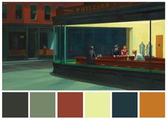 a painting of people sitting at a bar in front of a building with oranges and browns