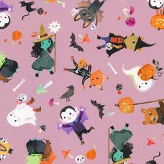 a pink background with lots of halloween themed items