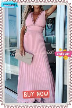 Always Elegant Lace Trim V-neck Pleated Maxi Dress Pink Pleated V-neck Maxi Dress, Pink Pleated Maxi Dress With V-neck, Pleated Maxi Dress, Pleated Maxi, Lace Trim, Maxi Dress, Trim, V Neck, Lace