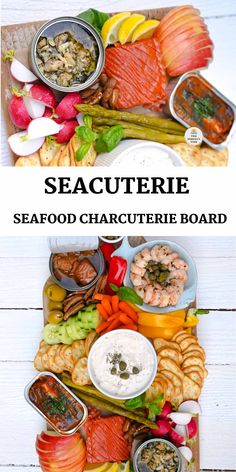 seafood charcutette board with different types of food on it and the words seautere