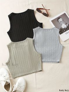 Katykey - Tri-Pack Assorted Color Sleeveless Tank Tops: Stylish and Versatile Womens Clothing Gray Sleeveless Crop Top For Summer, Casual Sleeveless Gray Crop Top, Casual Gray Sleeveless Crop Top, Tops Stylish, Sleeveless Tank Top, Sleeveless Tank, Knit Fabric, Knitted Fabric, Collar Styles