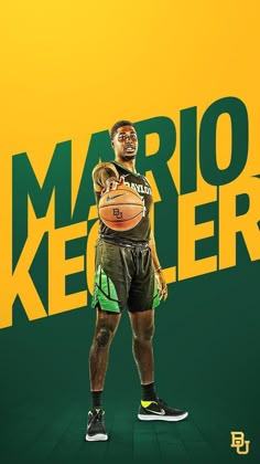 a man holding a basketball standing in front of a green and yellow background with the words mario kester on it