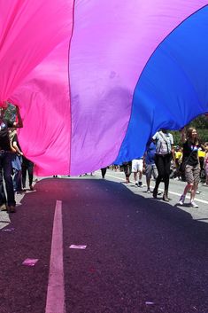 people are walking down the street with large pink and blue flags