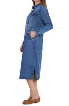 A versatile denim shirtdress in a midi silhouette lends casual charm to your style with welt pockets and flowy slits at the hemline. 45 1/2" to 46 1/2" length (size Small) Front button closure Spread collar Long sleeves with button cuffs Front welt pockets 100% cotton Machine wash, tumble dry Imported Casual Midi Shirt Dress With Pockets, Washed Blue Midi Denim Dress With Pockets, Collared Denim Blue Shirt Dress With Pockets, Denim Blue Collared Shirt Dress With Pockets, Mid-length Denim Dress With Pockets In Medium Wash, Chic Denim Blue Shirt Dress With Pockets, Casual Midi Shirt Dress With Buttoned Pockets, Casual Midi-length Shirt Dress With Buttoned Pockets, Medium Wash Long Sleeve Shirt Dress With Pockets