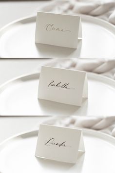 three pictures of place cards on a white plate