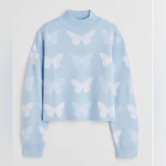 H&M Blue Jacquard Knit Mockneck Long Sleeve Butterfly Print Sweater Nwt/With Tags Cheap Blue Sweater With Graphic Print, Blue High Neck Sweater For Fall, Casual Blue High Neck Sweater, Blue Jacquard Knit Sweater For Fall, Blue Turtleneck Sweater For Spring, Blue Knit High Neck Sweater, Butterfly Sweater, Blue Butterflies, Blue Jumper