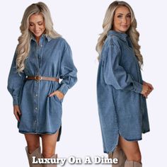 Oversized Denim Boyfriend Pocket Jean Collar Shirt Dress Long Sleeve Button High-Low This Chic Denim Dress Is A Elevated Choice That's Functional With Pockets, Comfortable With A Quality Cotton Blend Material And Effortlessly Perfect. Minimalist Style With A Modern Contemporary Twist That Can Easily Transition From Day To Night, Making This A Playful Choice. Collared Neckline With A Button Front Gives The Option To Wear Open Offering Versatility With Deeper V-Neckline. With An Oversized Boyfriend Shirt Design That Features A Mini Length Round Hi-Low Hem That Lends To A Girl-Next-Door Element. Uniquely Classic With Long-Sleeves, Making This A Timeless Wardrobe Staple That Offers A Polished L Denim Blue Shirt Dress For Fall Day Out, Oversized Denim Dress For Fall, Oversized Long Sleeve Medium Wash Denim Dress, Oversized Long Sleeve Denim Dress In Medium Wash, Oversized Blue Denim Top With Button Closure, Long Sleeve Denim Dress For Daywear, Oversized Long Sleeve Denim Dress For Fall, Denim Blue Long Sleeve Shirt Dress For Day Out, Blue Button-up Denim Dress For Fall