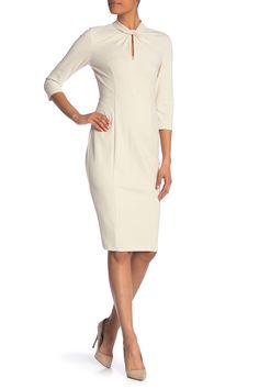 A sheath dress features a cutout mock neck with a twist for ultimate sophistication. Fit: this style fits true to size. Keyhole mock neck. 3/4 length sleeves. Back zip closure. Crepe fabrication. Approx. 40" length (size 2). ImportedThis item cannot be shipped to Canada. Elegant Career Dresses With 3/4 Sleeves, Fitted Career Dress With 3/4 Sleeves, Elegant Bodycon Dress With 3/4 Sleeves, Chic Fitted Bodycon Dress With 3/4 Sleeve, Spring Bodycon Dress With Back Zipper For Work, Spring Career Midi Dress Fitted, Formal Stretch Midi Dress With 3/4 Sleeve, Bodycon Midi Dress With 3/4 Sleeve, Chic 3/4 Sleeve Bodycon Dress For Spring