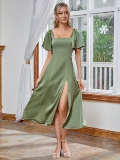 Satin Split Shirred Back A-line Dress | SHEIN USA Satin Dress With Sleeves, Satin Dress Outfit, Green Dress Outfit, Green Satin Dress, Sage Green Bridesmaid Dress, Sage Green Dress, Bridesmaid Dresses With Sleeves, Sage Dress, Green Bridesmaid Dresses