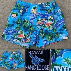 Vintage Hawaii Hang Loose Swim Shorts Cotton W/ Polyester Lining M 80s Hawaiian  | eBay Hawaiian Style Surfing Shorts, Retro Surfing Bottoms For Summer, Vintage Bottoms For Beach Season Vacation, Retro Summer Sports Bottoms, Vintage Sports Bottoms For Summer, Fitted Vintage Beach Shorts, Retro Printed Beach Bottoms, Retro Blue Beach Shorts, Retro Blue Bottoms For Beach Season