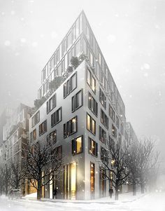 an artistic rendering of a building in the snow